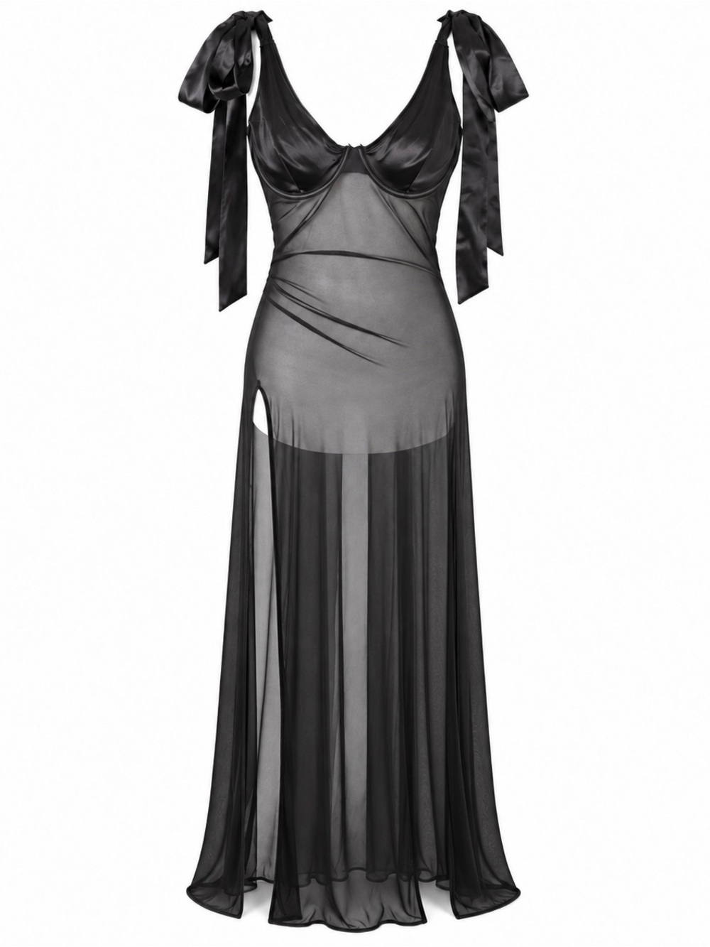 NWT Fredericks of Hollywood Sheer Black Satin-Trim Maxi Dress with Bow Shoulders